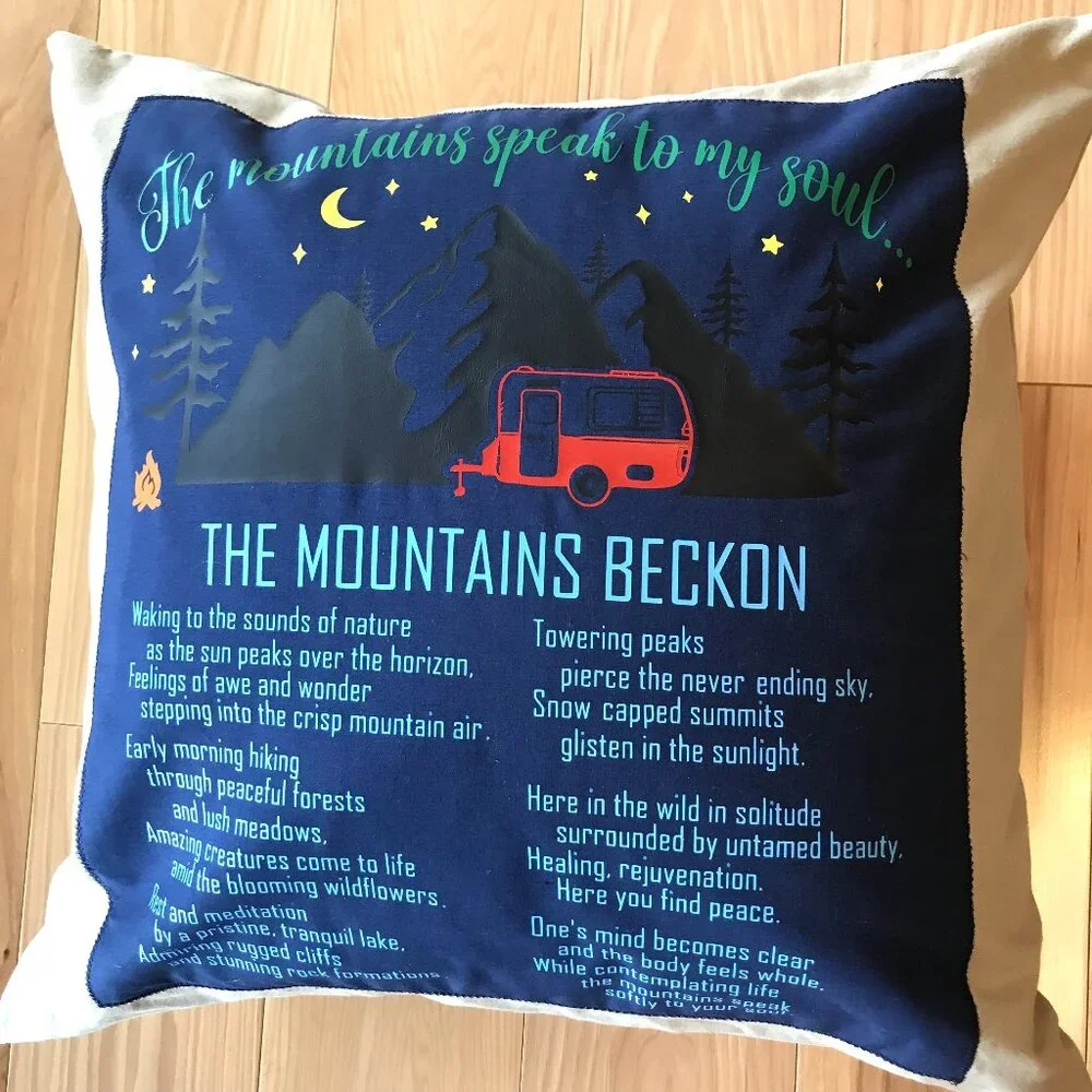 Mountain Camping Pillow Cover, Handmade Vintage Camper Cabin Decor 18 x 18 in.
